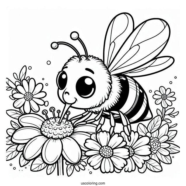 Bee Coloring Page Sucking Nectar From Flower For Kids