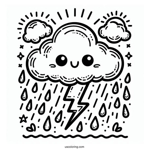 Angry Cloud With Rain Coloring Page And Lightning For Kids