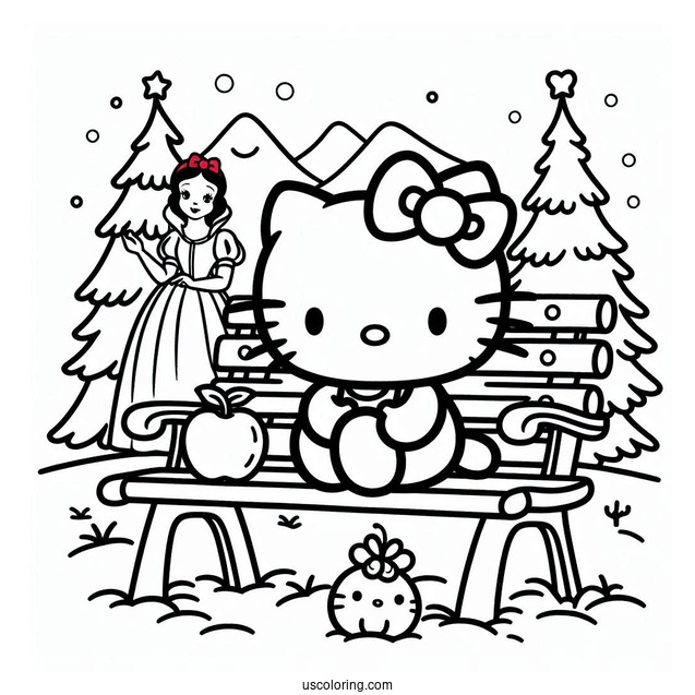 Hello Kitty Sitting On A Bench With Snow White Coloring Pages