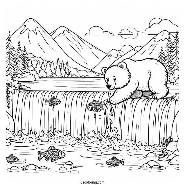 Simple Bear Coloring Page Catching Fish In Waterfalls