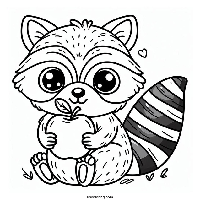 Easy Raccoon Coloring Page Holding Apple For Preschoolers