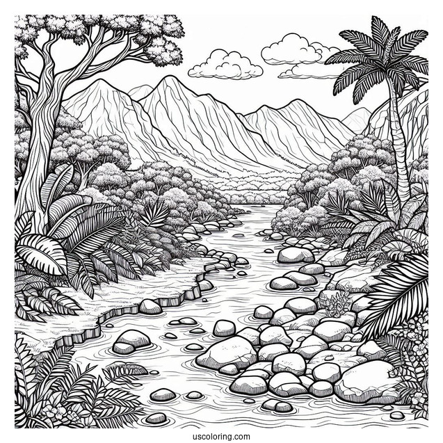 Detailed River And Rocky Terrain Of Jungle Coloring Page