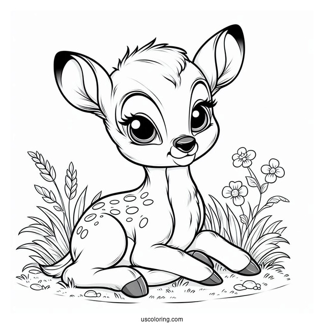Bambi Sitting On Grass Coloring In