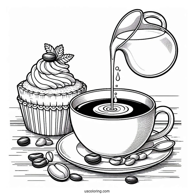 Milk Being Poured Into Coffee Coloring Pages Of Cup With Dessert On Table