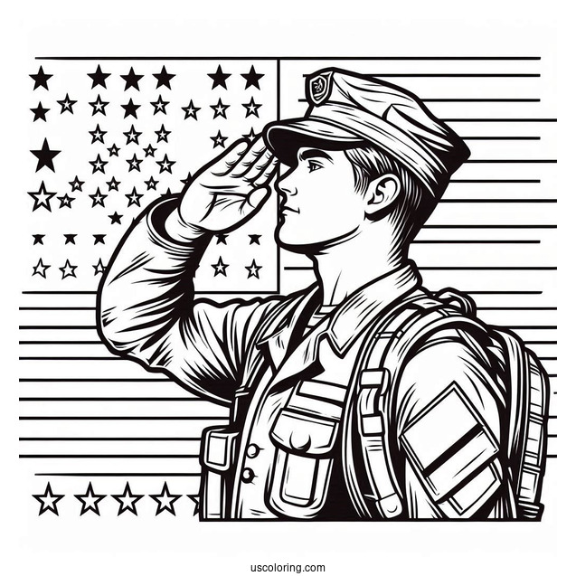 American Soldier Coloring Page Saluting With Stars In Background