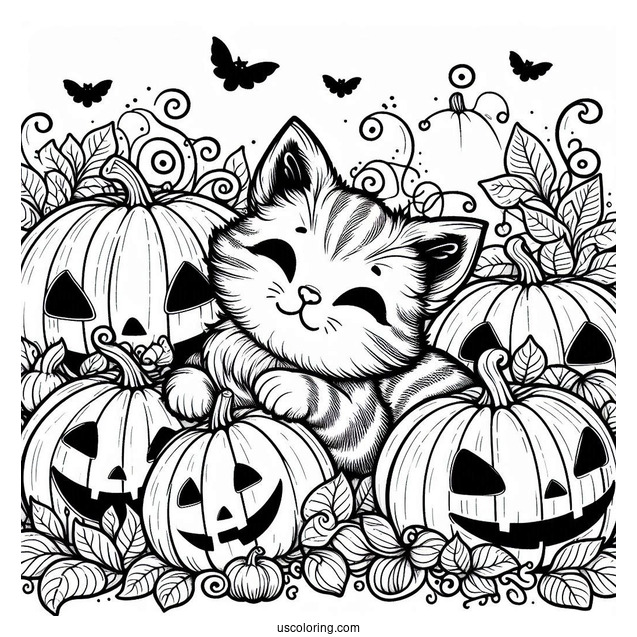 Pumpkin Coloring Page Of Cat Surrounded By Jack O Lanterns