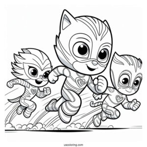 PJ Masks Coloring Page Of Owlette, Catboy, And Gekko Running Fast