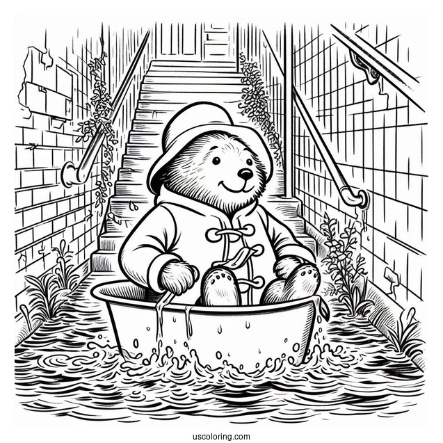 Paddington Coloring Page Riding Bathtub Down A Flooded Stairs