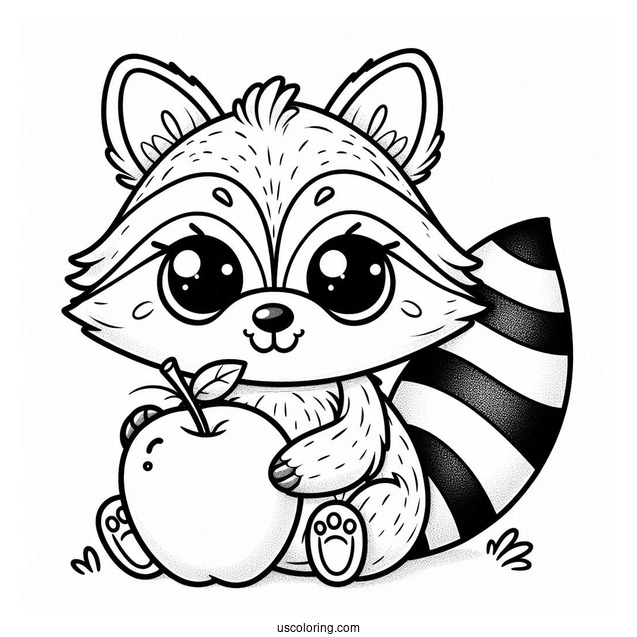 Easy Raccoon Coloring Page Holding Apple For Preschoolers