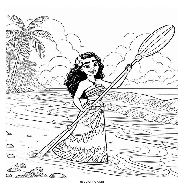 Moana Holding An Oar At The Beach Coloring Page For Kids