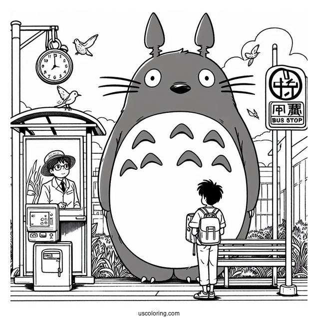 Studio Ghibli Coloring Page of Iconic My Neighbor Totoro At Bus Stop Poster