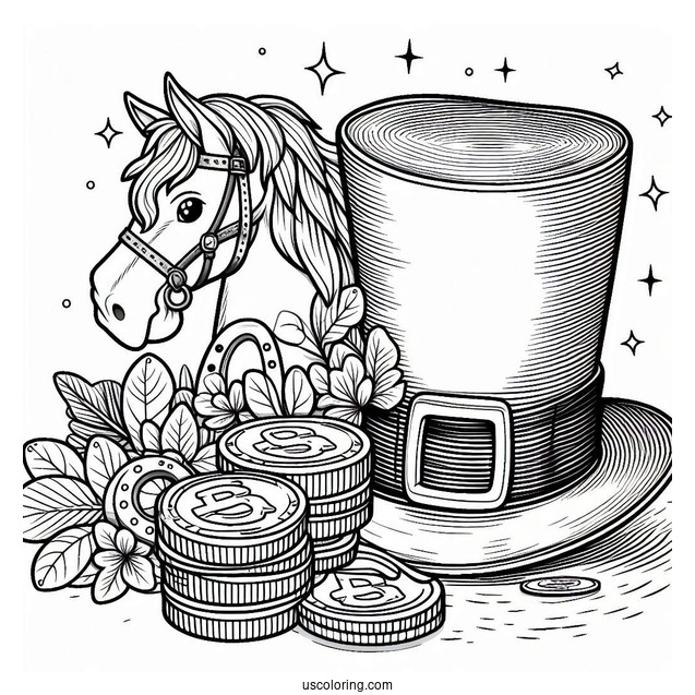 St Patrick_s Hat With Gold Coins And Horseshoe To Color