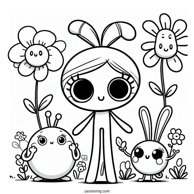 Poppy Playtime Coloring Page Of Mommy Long Legs, Huggy Wuggy, Kissy Missy, Poppy, Bron, Boogie Bot, And Bunzo Bunny