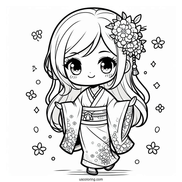 Beautiful Chibi Girl In A Kimono Coloring Page