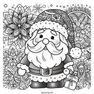 Santa Claus In Front Of A Beautiful Flower Christmas Mandala Coloring Page