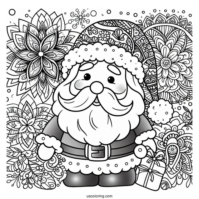 Santa Claus In Front Of A Beautiful Flower Christmas Mandala Coloring Page