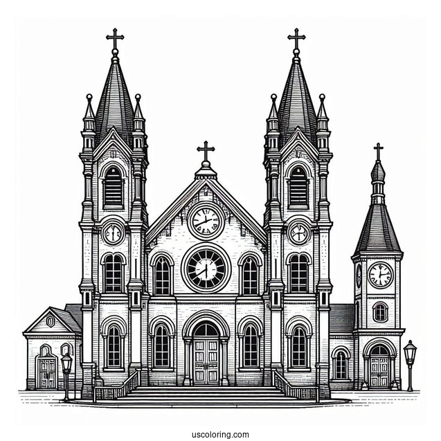 Exterior Of A Big Protestant Church Coloring Page With Clock Towers