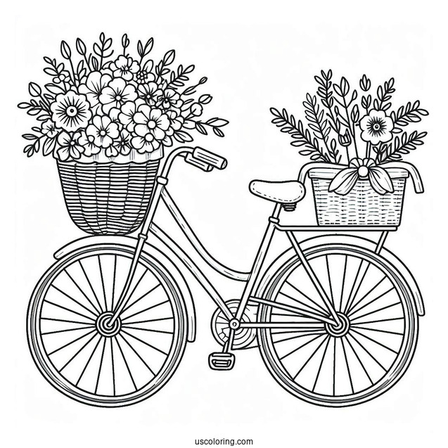 Cute Bicycle Coloring Page With Basket Full Of Flowers For Kids