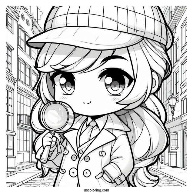 Mysterious Chibi Coloring Page Detective Holding Magnifying Glass in a City Street