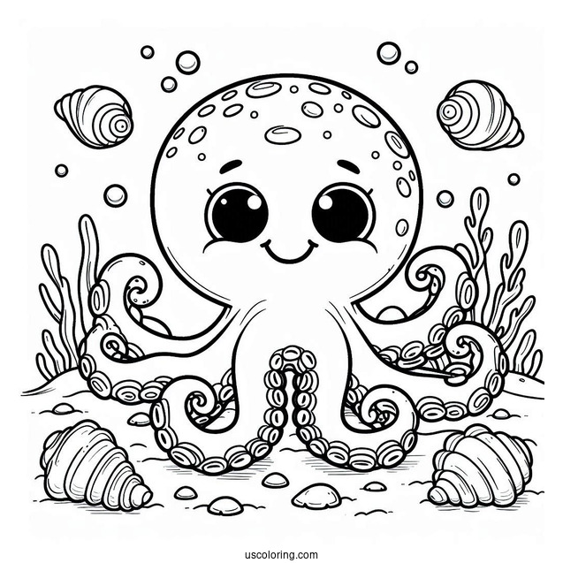 Grinning Cartoon Octopus Coloring Page In The Sea With Shells