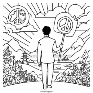Person Holding A Peace Coloring Page Sign With Different Landscapes