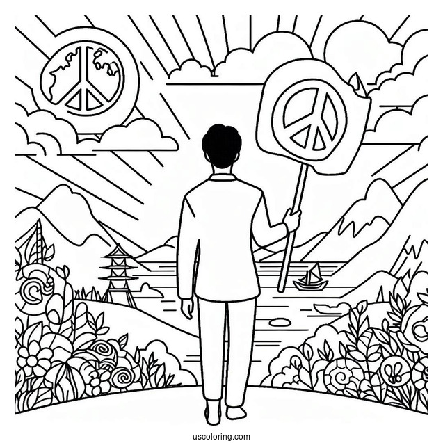Person Holding A Peace Coloring Page Sign With Different Landscapes