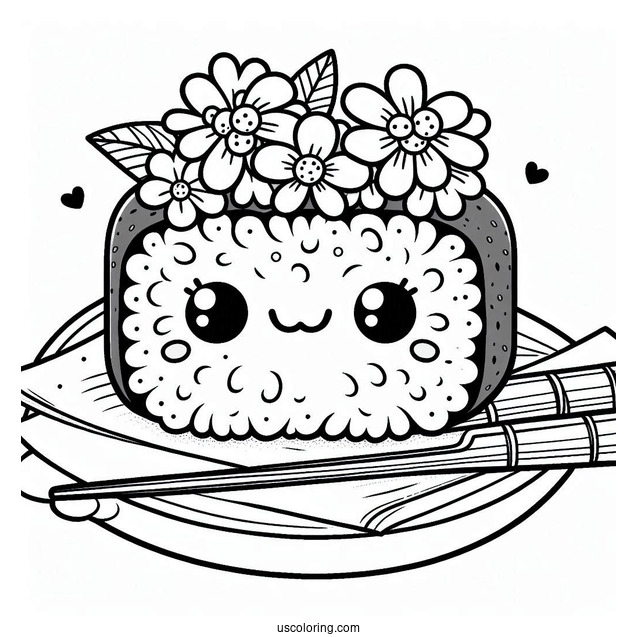 Adorable Cartoon Sushi Coloring Pages With Flowers And Chopsticks