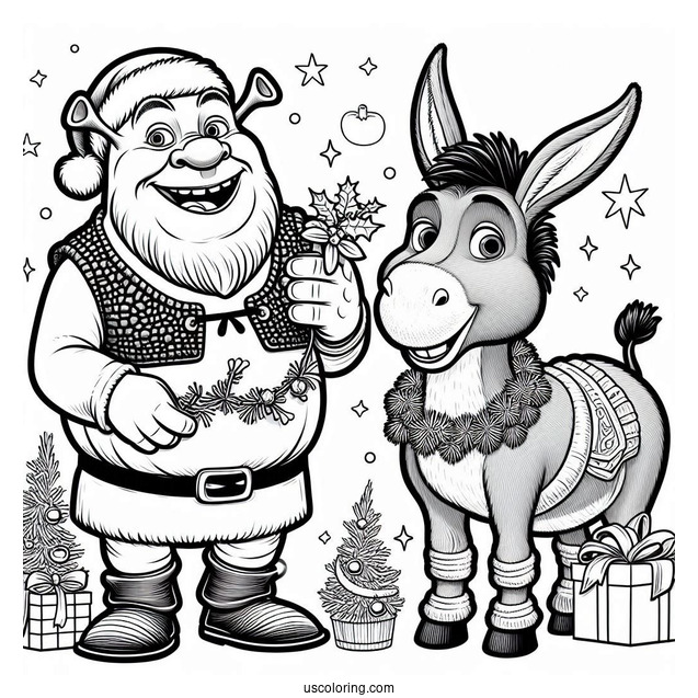 Christmas Themed Shrek And Donkey Coloring Page