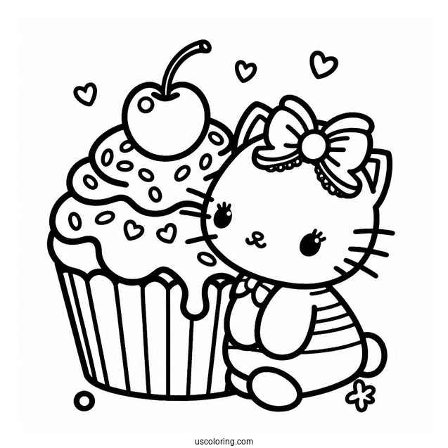 Hello Kitting Cupcake Coloring Page