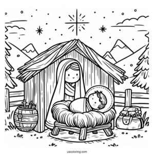 Nativity Coloring Page Of Cute Baby Jesus In The Manger For Kids