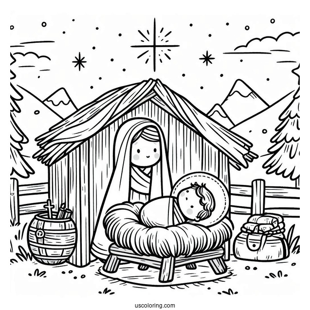 Nativity Coloring Page Of Cute Baby Jesus In The Manger For Kids