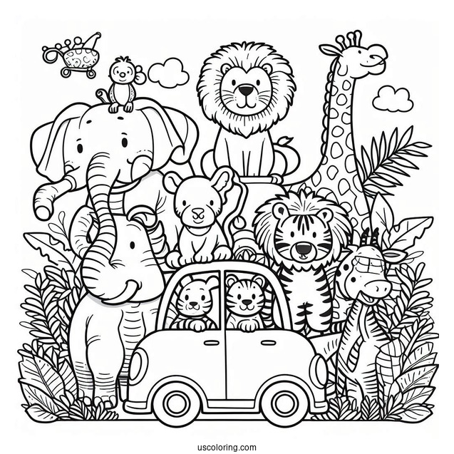 Jungle Coloring Page Of Elephant, Lion, Giraffe, Zebra, Tiger, Hippo, And Monkey Riding Car