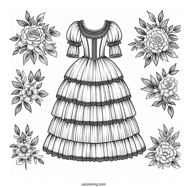 Long Dress Coloring Page With Puff Sleeves And Layered Skirt Coloring Page