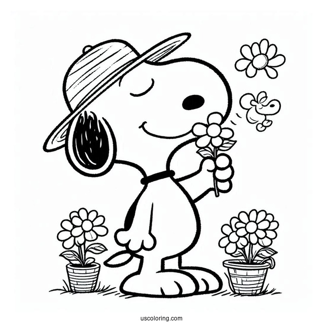 Snoopy Smelling Flowers To Color
