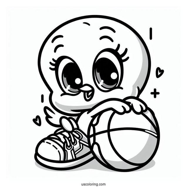 Kawaii Tweety Bird With Basketball Coloring Sheet For Preschoolers