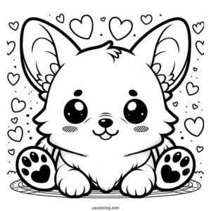 Chibi Corgi Coloring Page With Hearts And Paws In Background