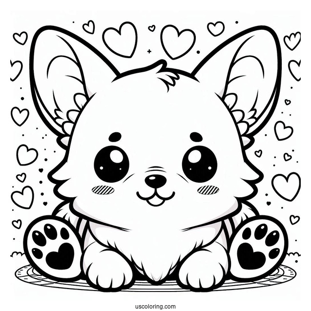 Chibi Corgi Coloring Page With Hearts And Paws In Background