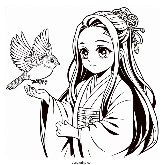 Nezuko Coloring Page And Tanjiro Holding Bird