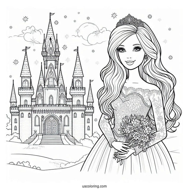 Princess Barbie In Front Of Castle To Color