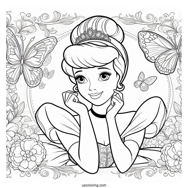 Princess Cinderella Coloring Page With Butterfly Background