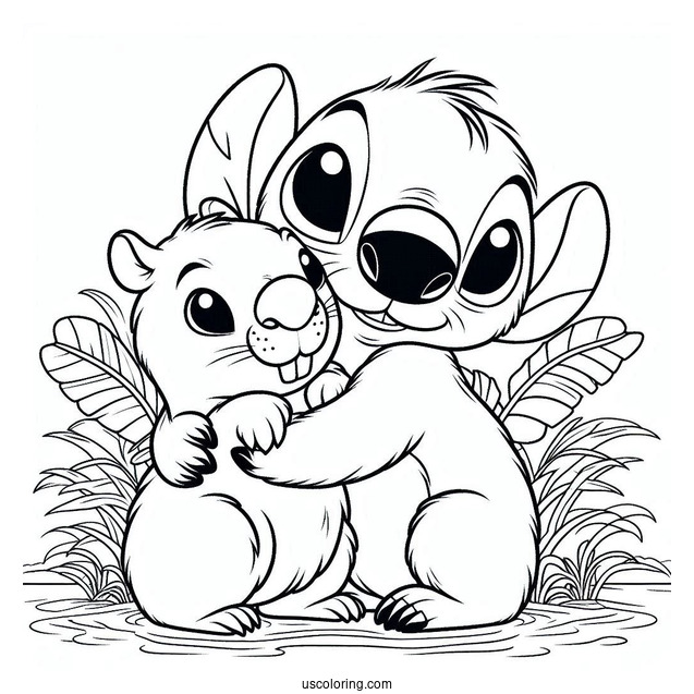 Stitch Hugging A Furry Capybara Coloring Page For Kids
