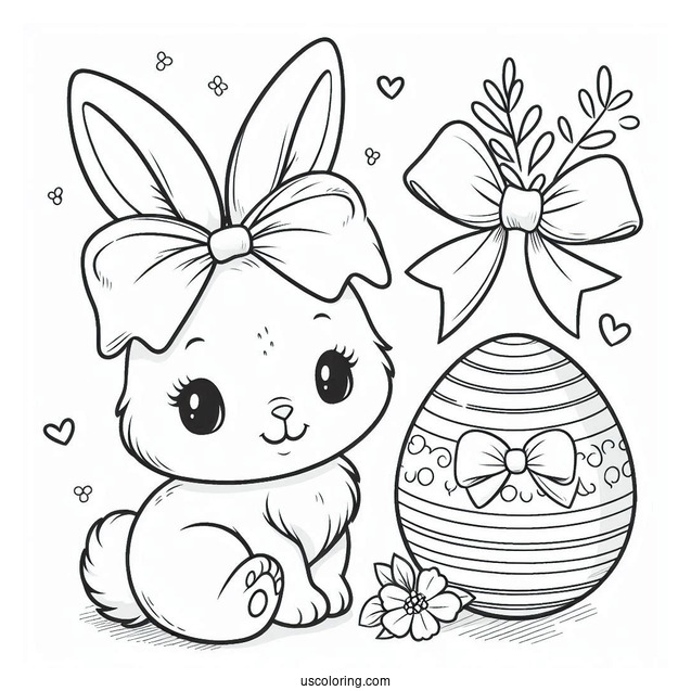 Easter Bunny Coloring Page With Large Bow And Easter Egg