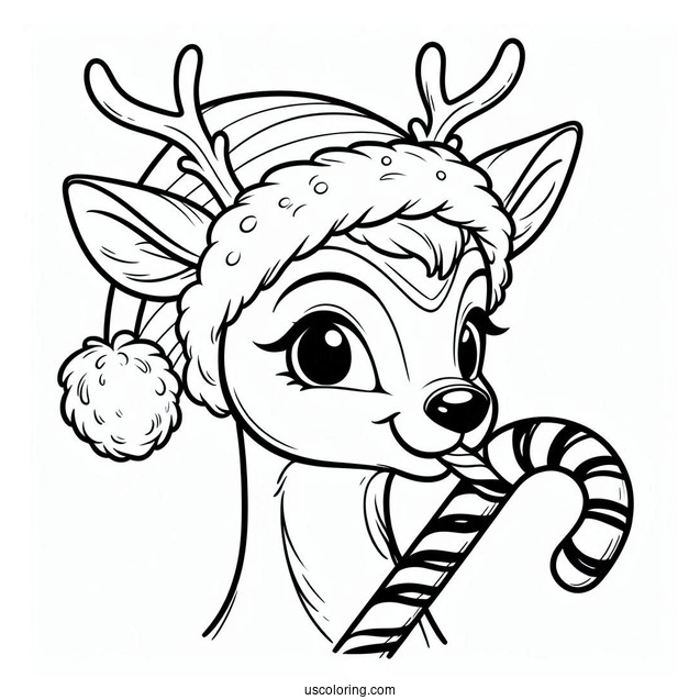 Reindeer With Santa Hat Biting A Candy Cane Coloring Page