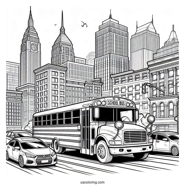 Realistic School Bus Coloring Page In A Busy City