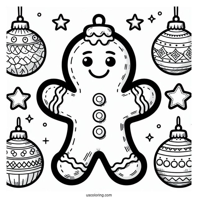 Smiling Gingerbread Man Christmas Ornaments Coloring Page
