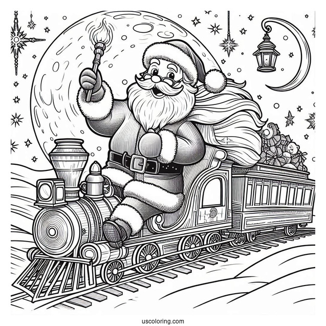 Polar Express Coloring Page Of Santa Claus On His Sleigh Flying Over The North Pole