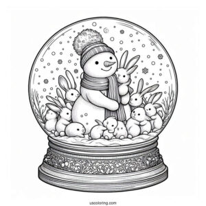 Snowman Hugging Rabbits Snow Globe Coloring Page