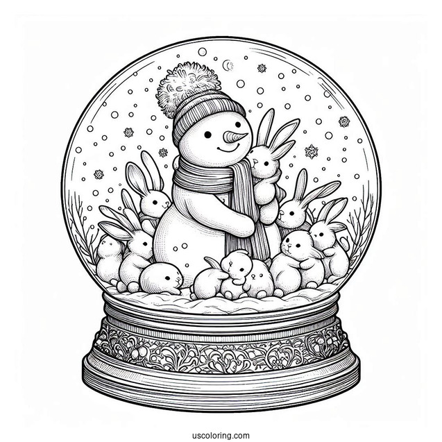 Snowman Hugging Rabbits Snow Globe Coloring Page