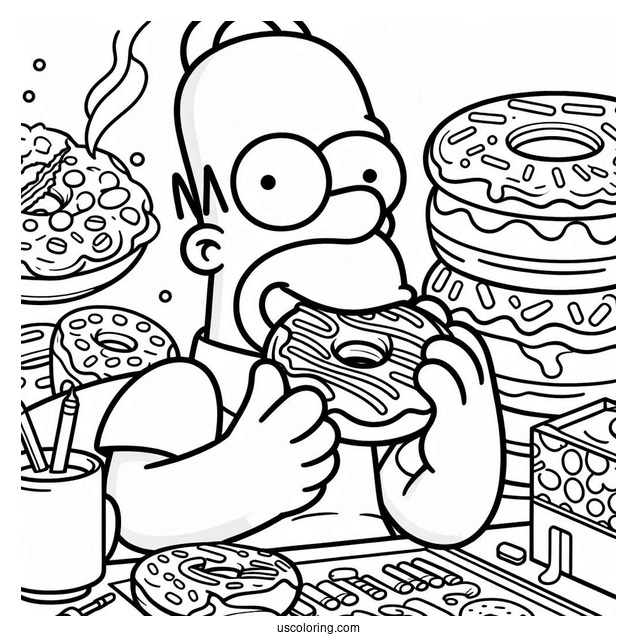 Homer Simpson Eating a Donut To Color