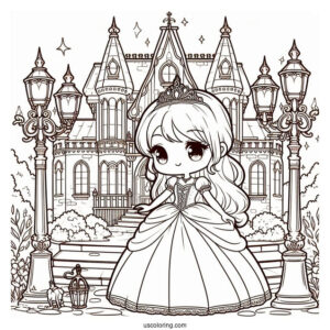 Chibi Cinderella Standing Outside The Castle With Lamps Coloring Sheet For Kids